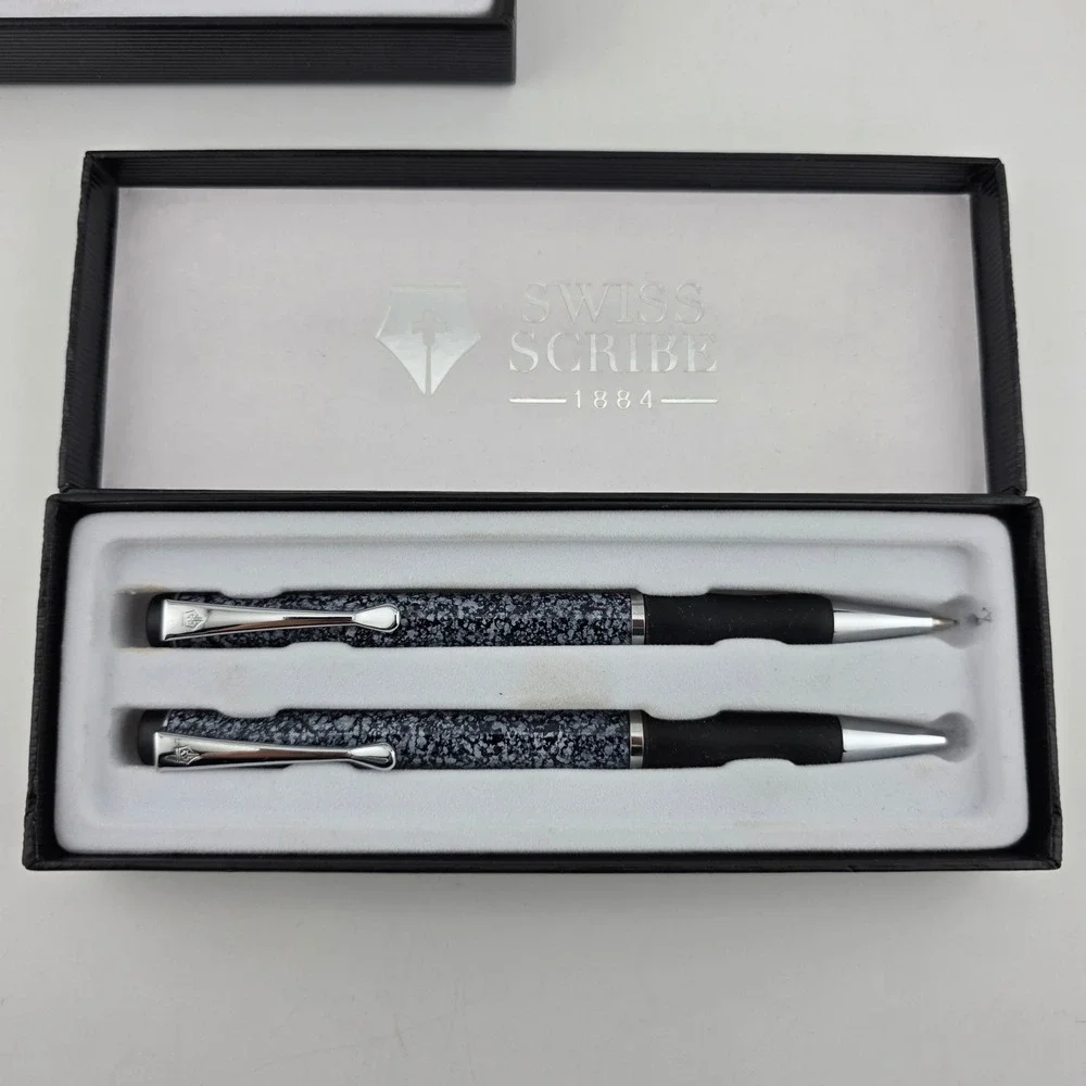 Swiss Scribe Ballpoint Pen Pencil Set of 2 2-Pack Gift Boxed Granite GOOD Desk